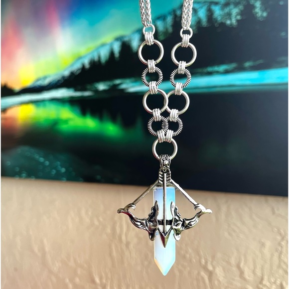 Maille links stainless steel necklace bow & arrow purple opalite stone charm - Picture 9 of 11